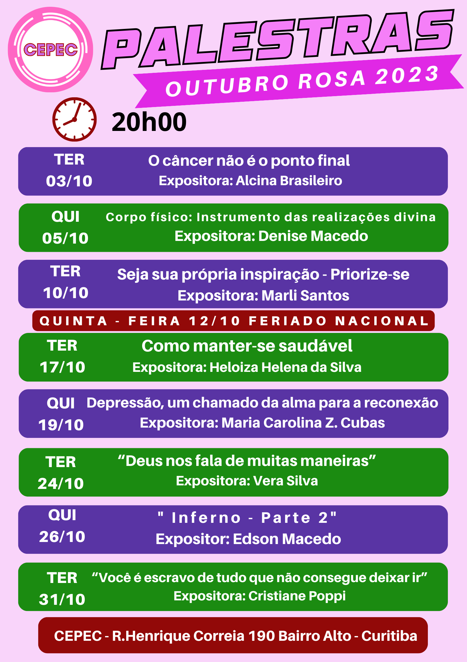 Retorno das Atividades Palestras e Passes     Terças e Quintas às 20 horas.